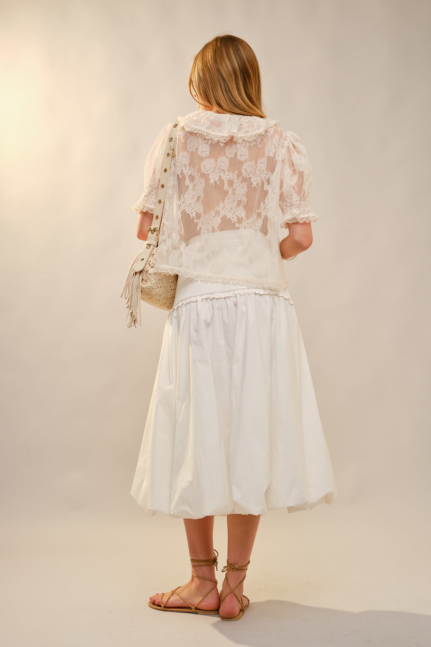 Lace V-neck Ruffle Puff Sleeve Top