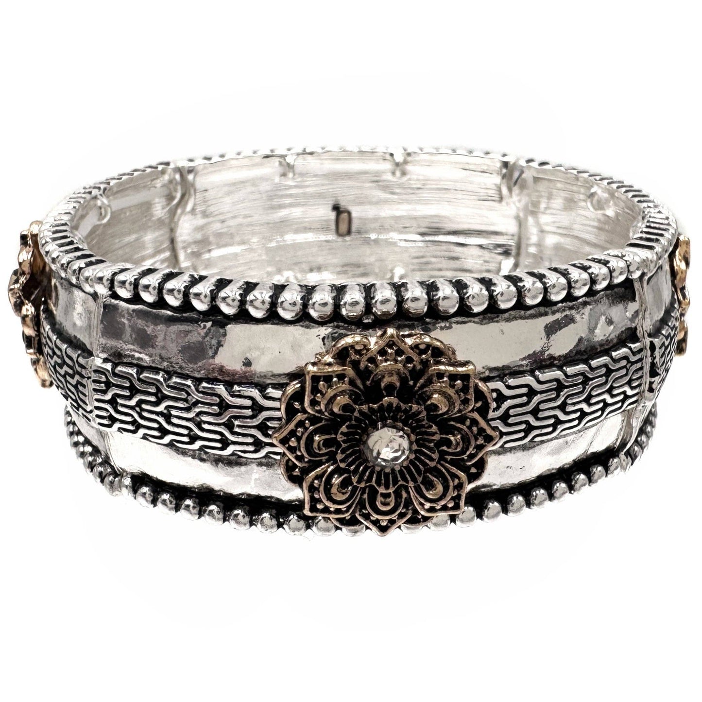Vintage Gold Flower Hammered Silver Bracelet
