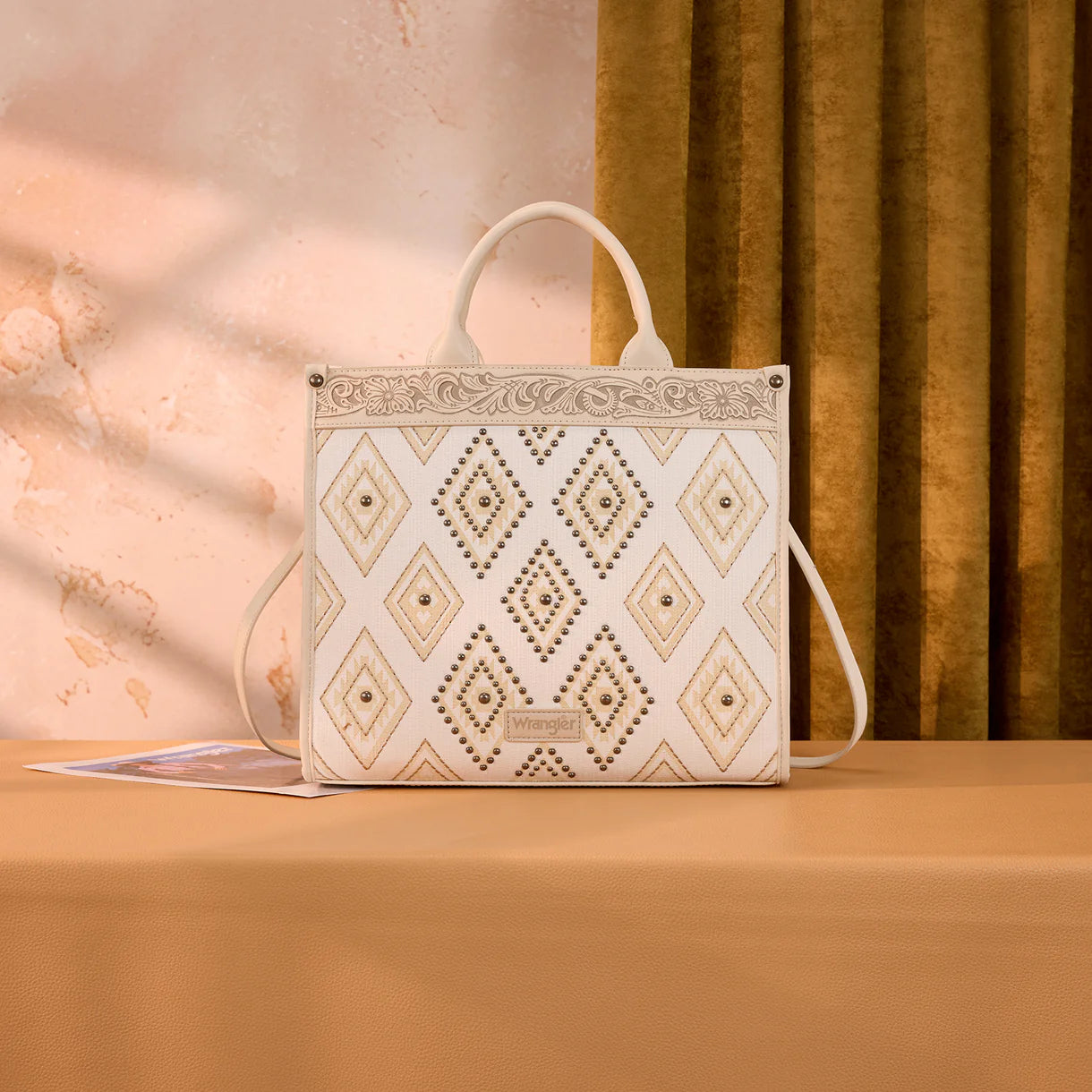 Wrangler Aztec Studded Denim Tote & Crossbody Bag - Beige