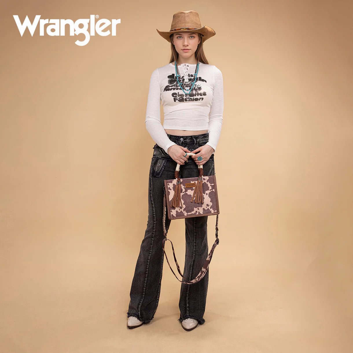 WG386-8120S Wrangler Cow Print Tote/Crossbody -Light Coffee