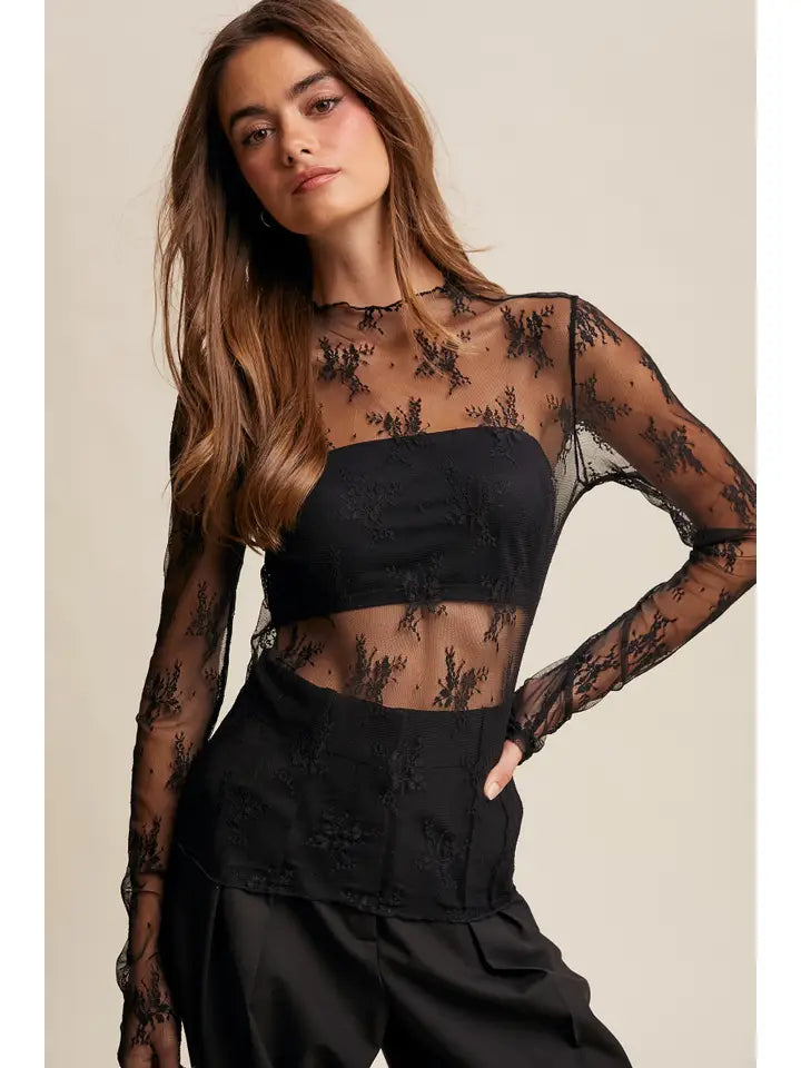 Sheer Lace Long-Sleeve Top LT1354