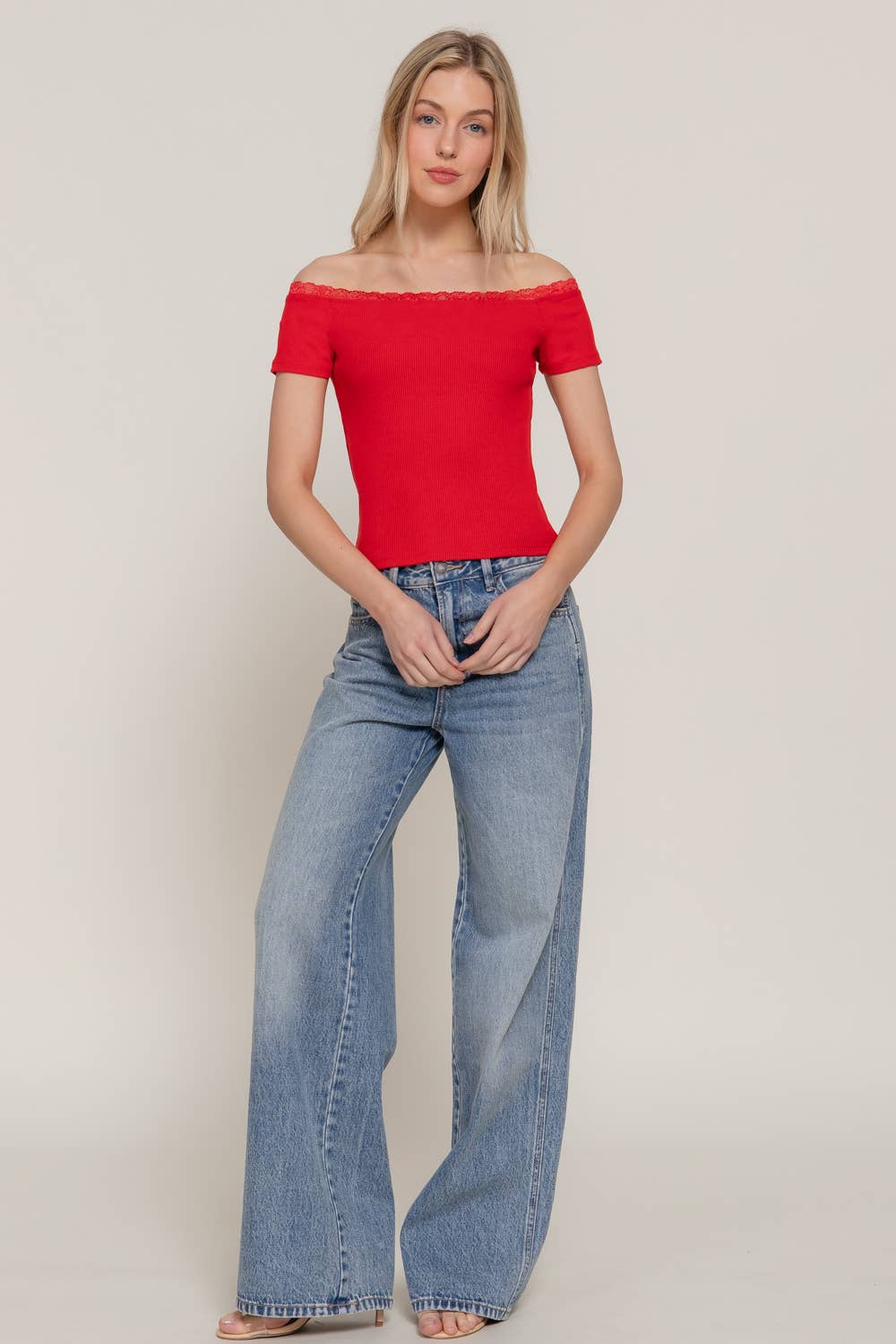 Short Sleeve Off The Shoulder with Lace Trim Knit Top