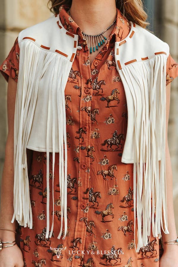 Ivory Stretch Suede Contact Buck-stitch Fringe Vest