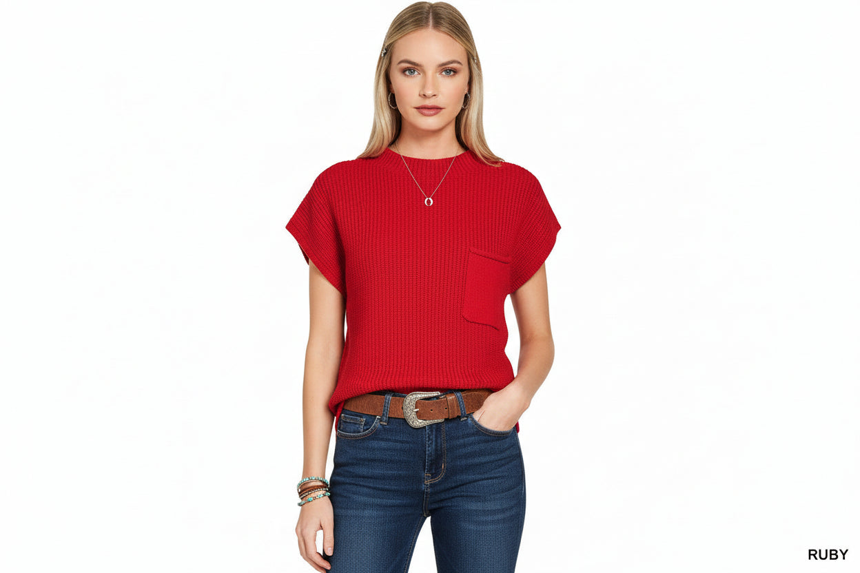 Mock Neck Short Sleeve Sweater- Ruby