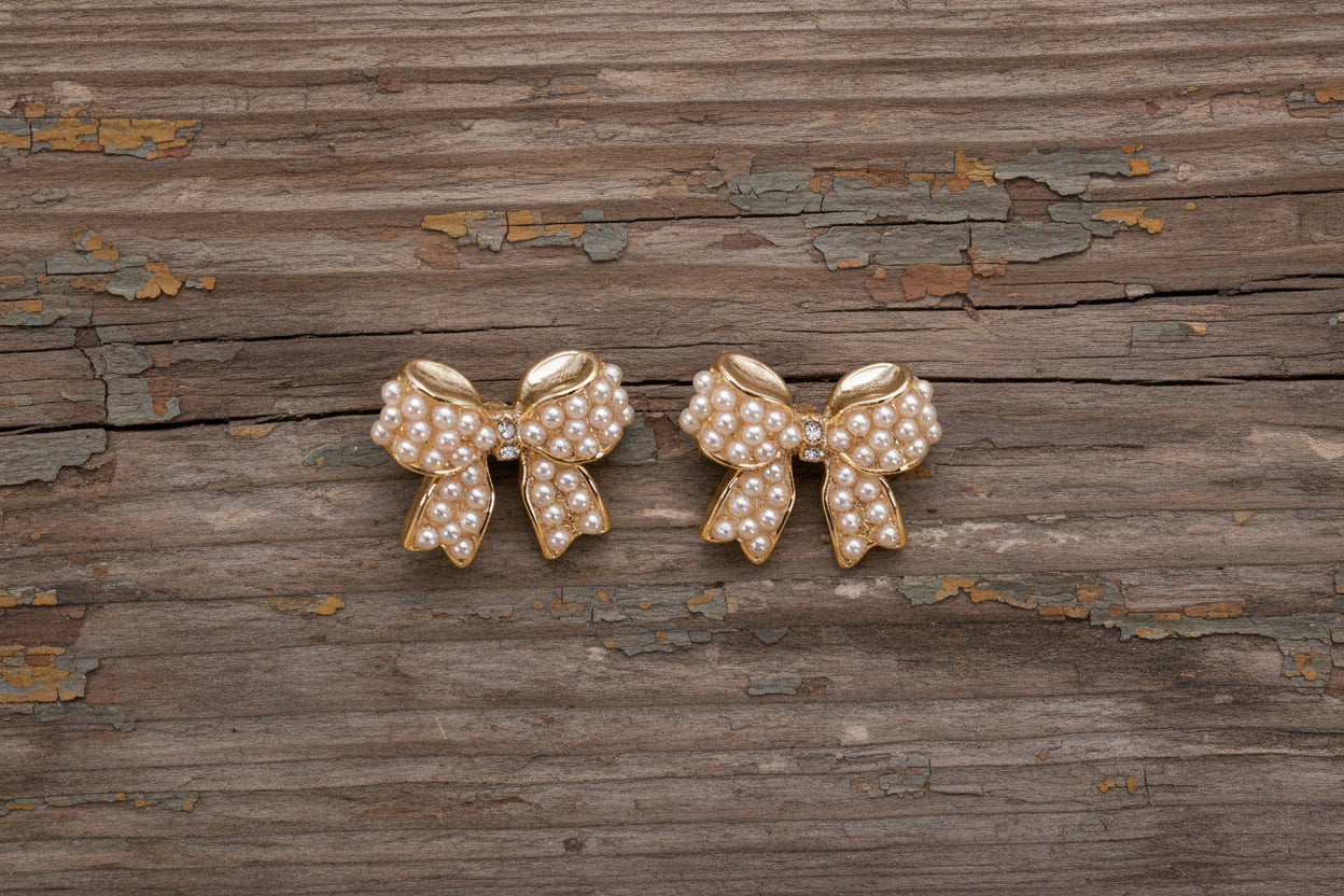 Mini Pearl Bow Ribbon Gold Earrings