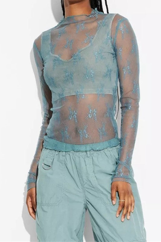 Lace Sheer Mesh Layering Slim T-shirt