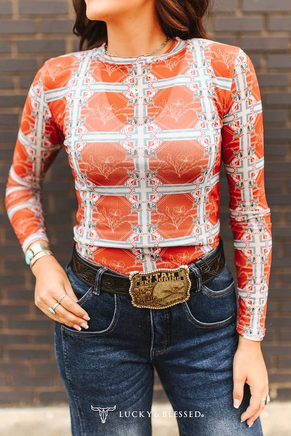 Orange Ivory Western Long Sleeve Stretch Mesh Top