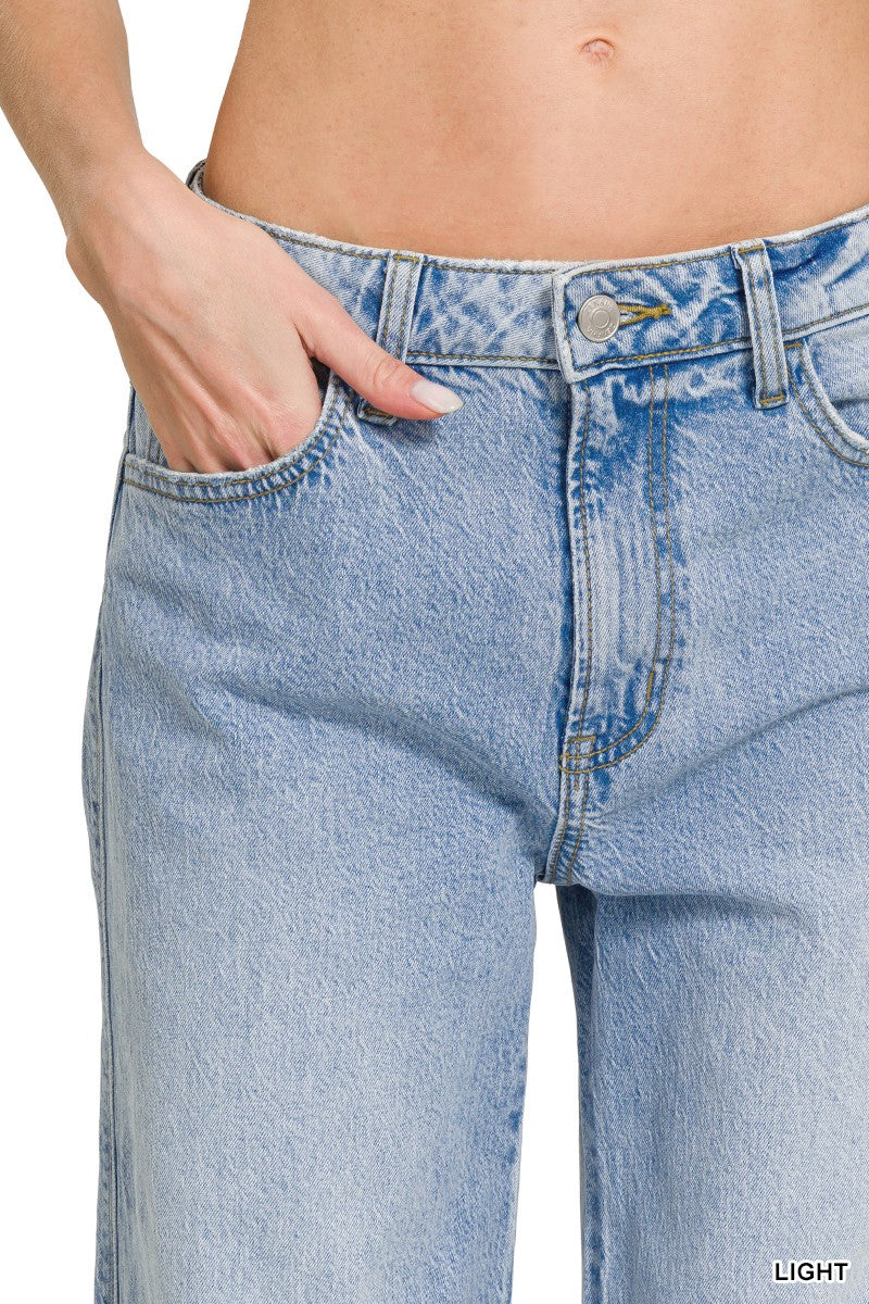 High Rise Cuffed Wide Leg Denim Pants