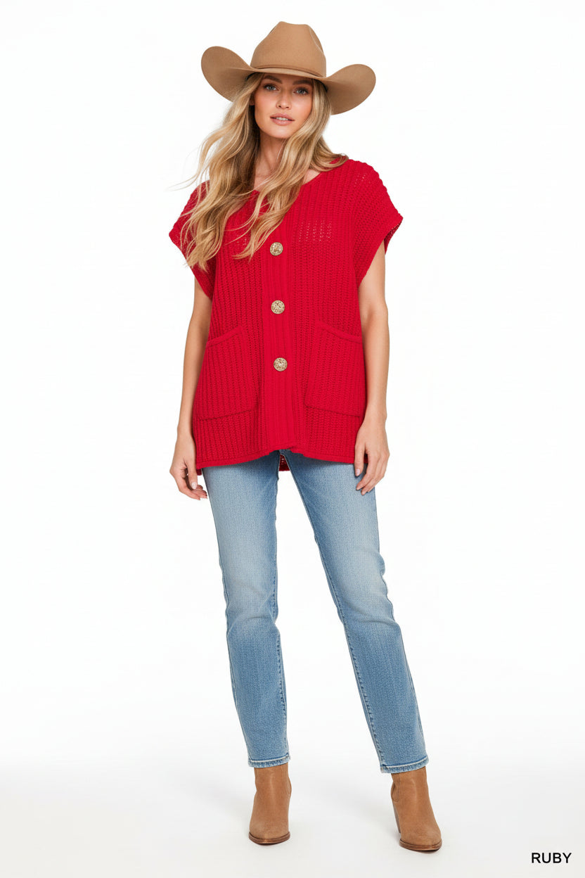 4 Button Sweater Vest- Ruby
