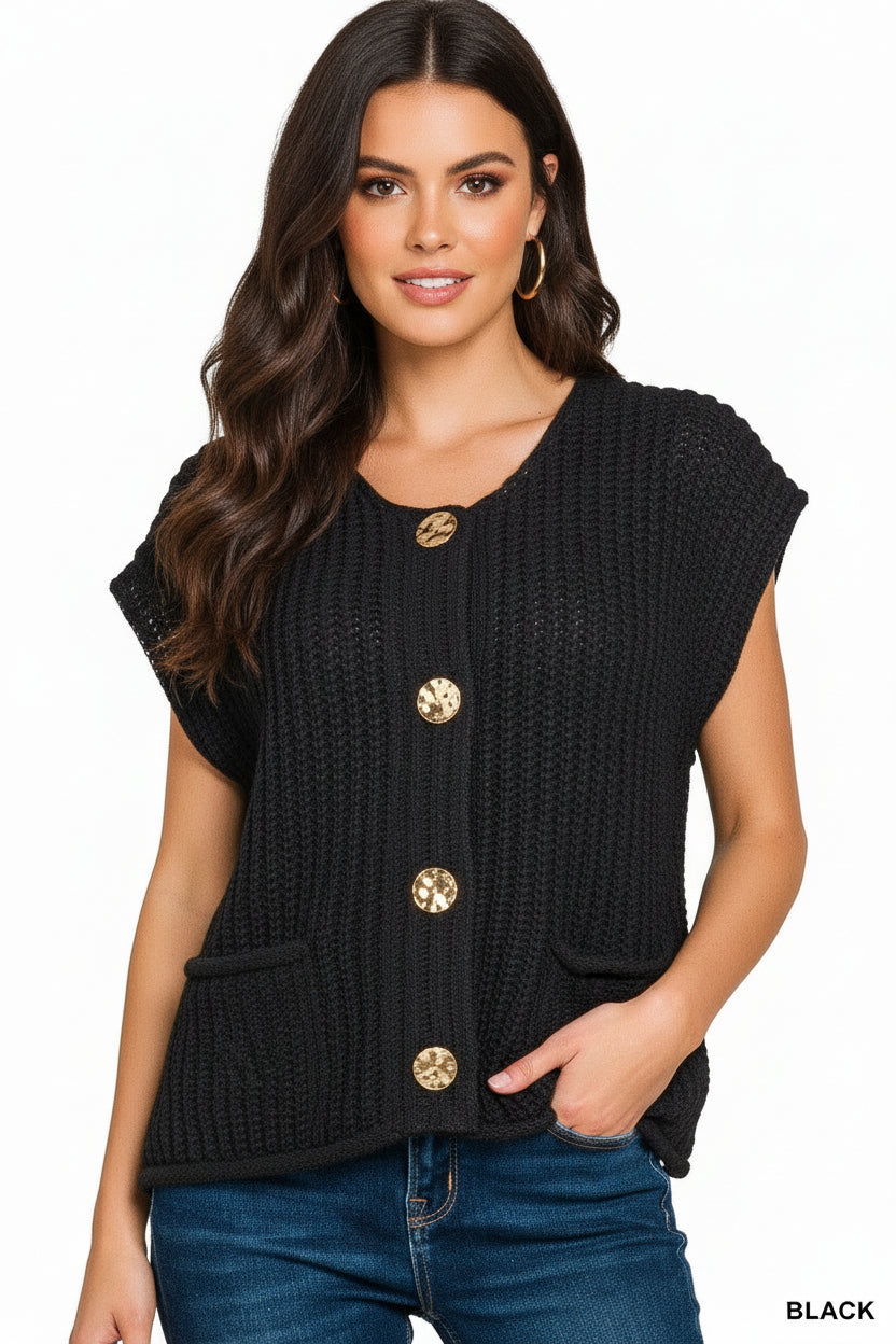 4 Button Sweater Vest- Black