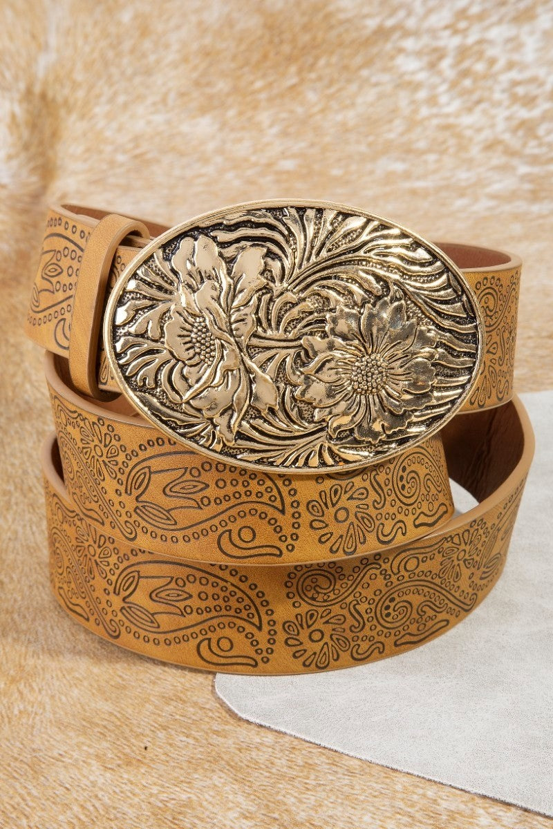 Floral Buckle Paisley Pattern Vegan Leather Belt