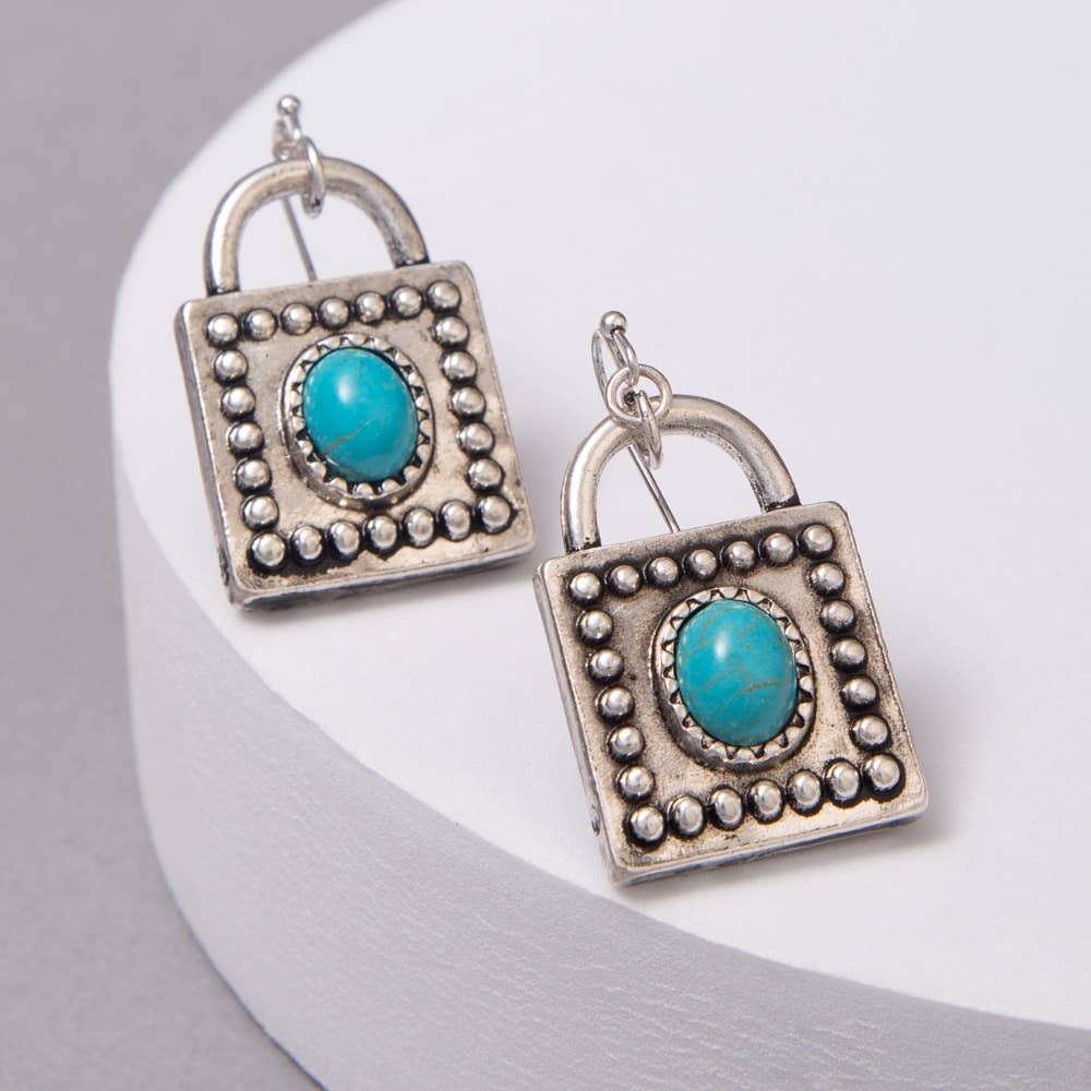 Western Turquoise Embellished Square Locket Dangle Earrings