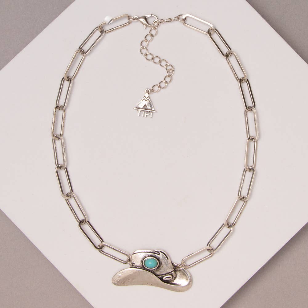 Western Cowboy Hat Pendant with Turquoise Accent Necklace