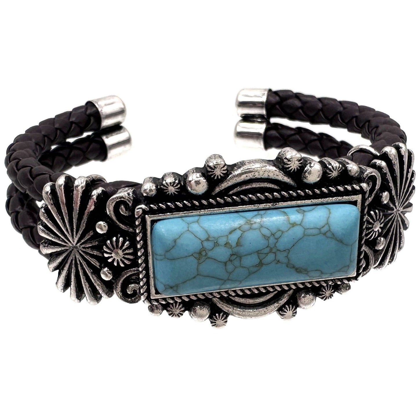 Bar Turquoise Stone Western Leather Open Bangle