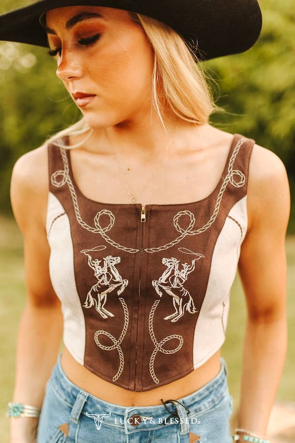Brown Contrast Stretch Suede Corset Back Tie Up Top