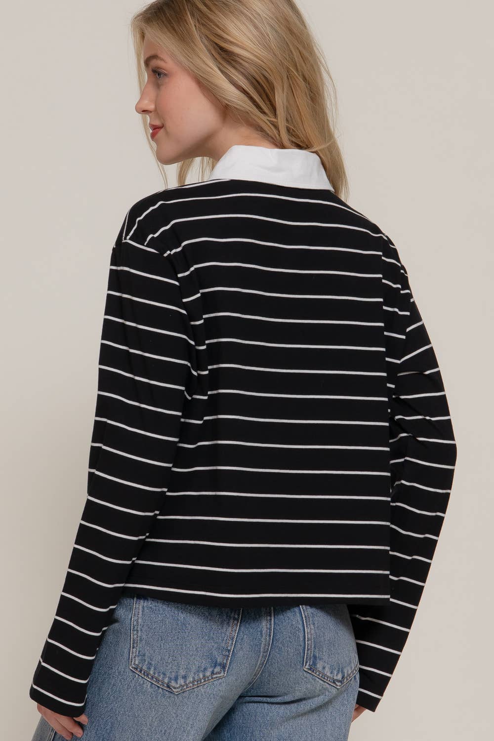 Long Sleeve Y/D Stripe Cotton Polo Shirt- Black & White