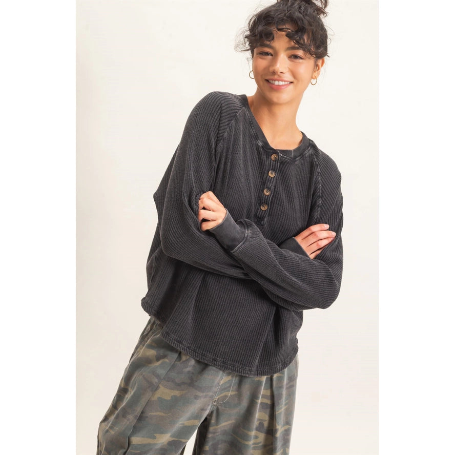 Mineral Wash Waffle Knit Henley Top-Black