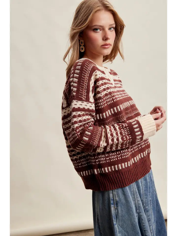 Fair Isle Split Neck Knit Sweater