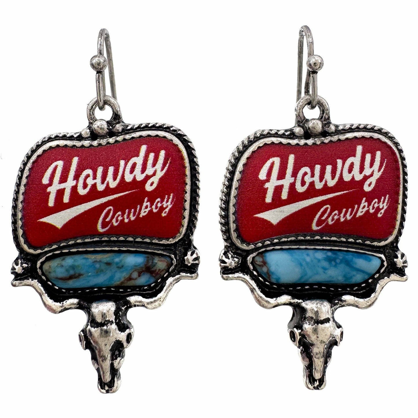 Howdy Cowboy Red Turquoise Longhorn Western Earrings