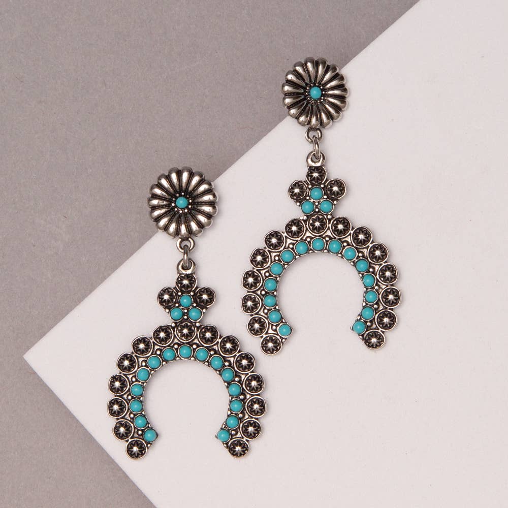Western Floral Turquoise Horseshoe Post Dangle Earrings