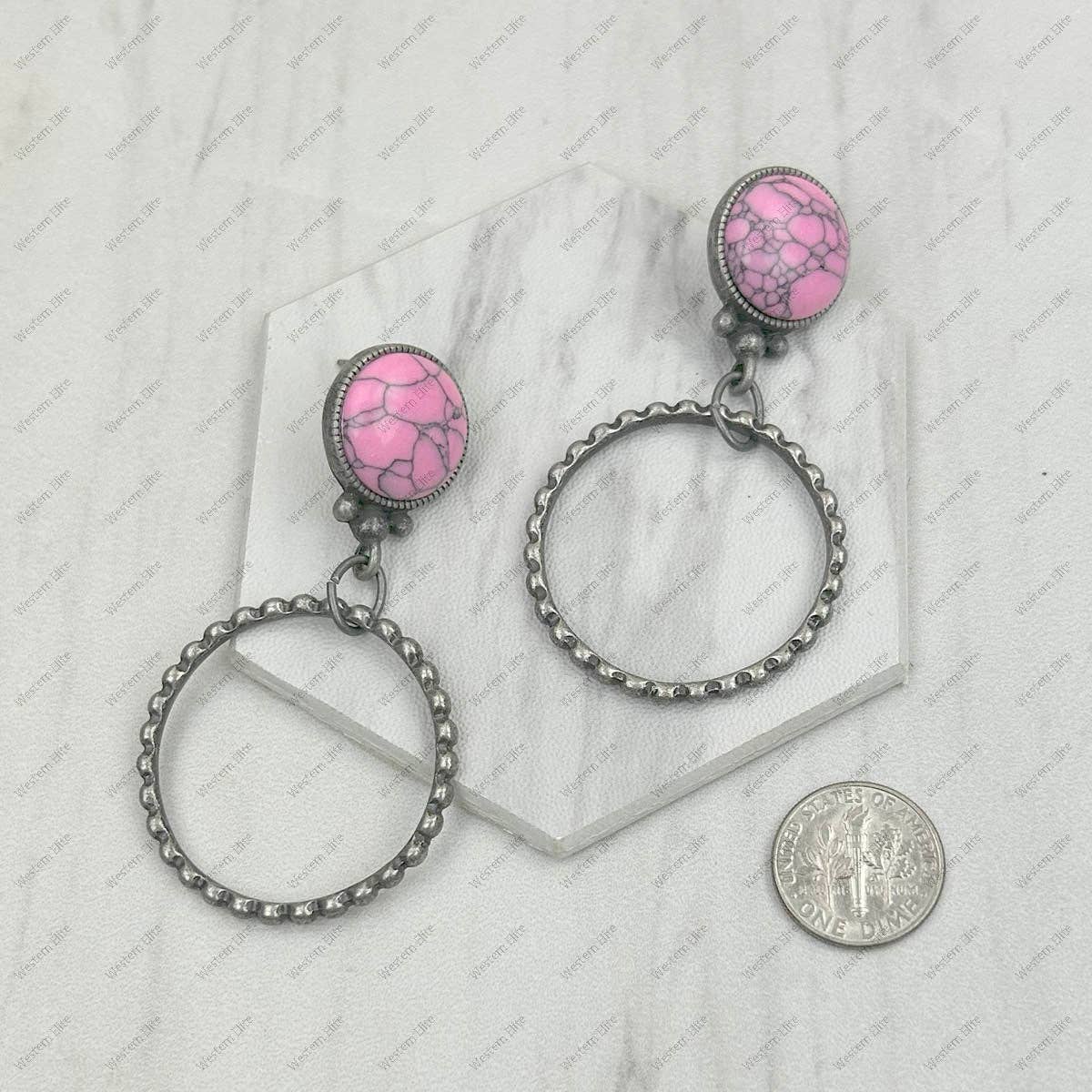 ERZ231205-91 Silver metal circle with blue turquoise stone Earrings