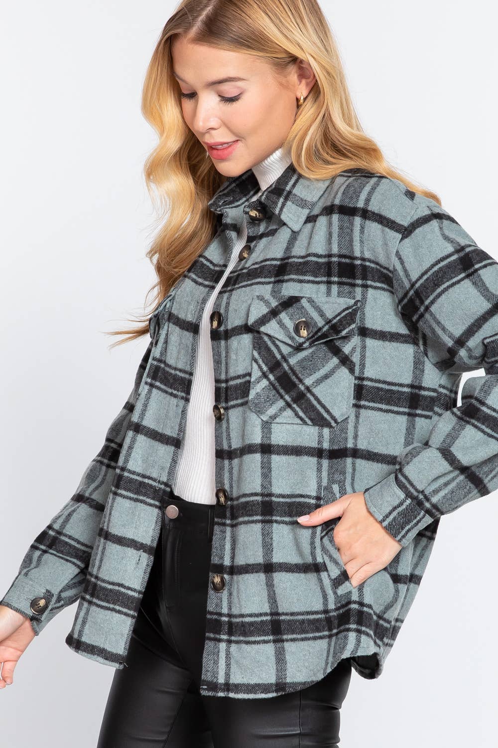Long Sleeve Wool Blend Plaid Button Down Casual Jacket