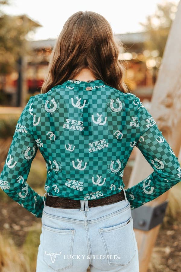 Teal Checkered Horse Shoe Printed Long Sleeve Mesh Top