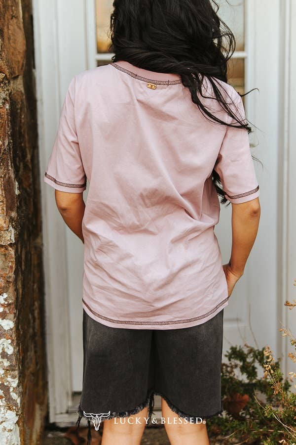 Pink Mauve Horse Shoe Embroidered Short Sleeve Pocket Tee