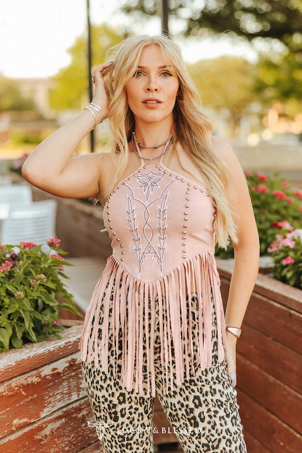 Soft Pink Stretch Suede Halter Top W Boot Stitch Studs