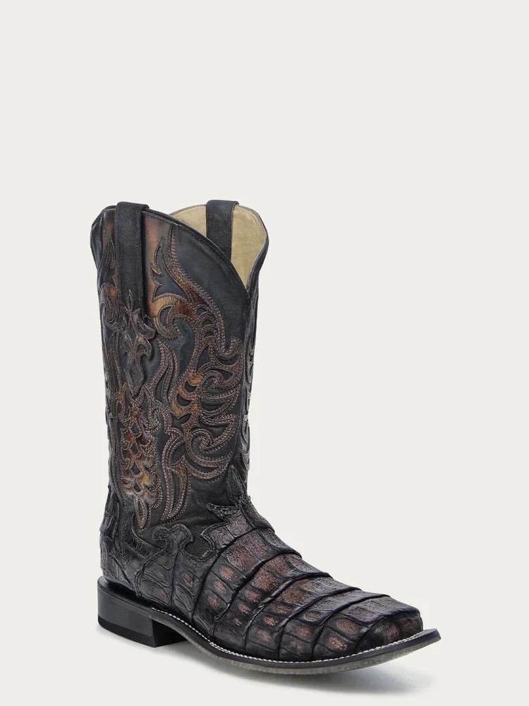 Men's Chocolate and Cigar Caiman Tail Wide Square Toe Exotic Cowboy Boot