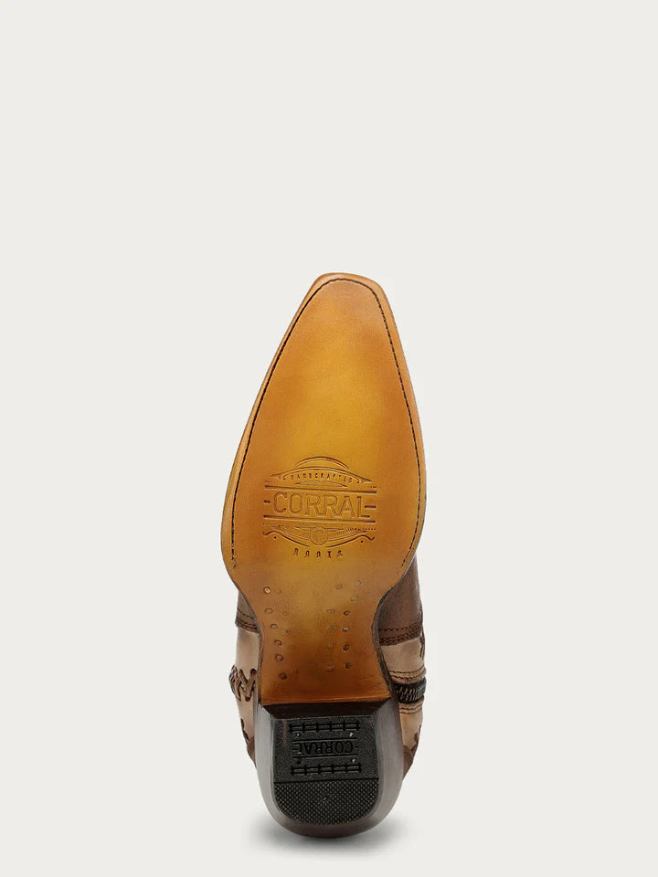WOMEN'S HONEY HORSESHOE OVERLAY EMBROIDERY AND STUDS HANDWOVEN SNIP TOE TALL TOP COWBOY BOOT