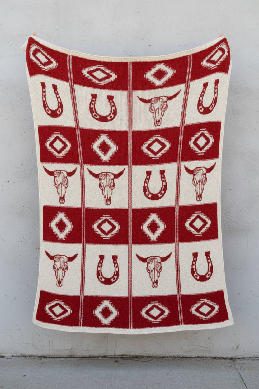 Red Cream Western Aztec Printed Knitted Polyester Microfiber Blanket (50in x 60in)