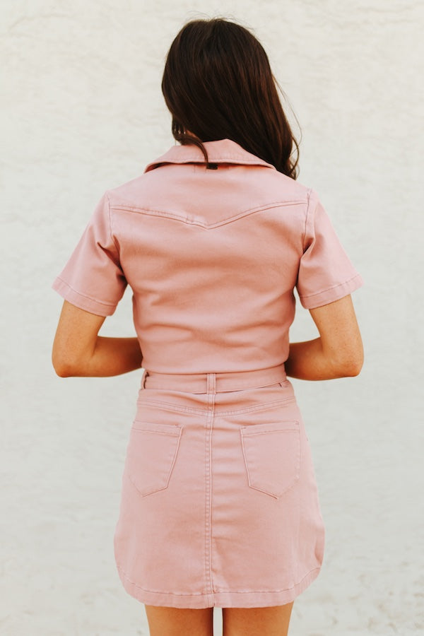 Pink Stretch Denim Western Short sleeve Buckle Dress
