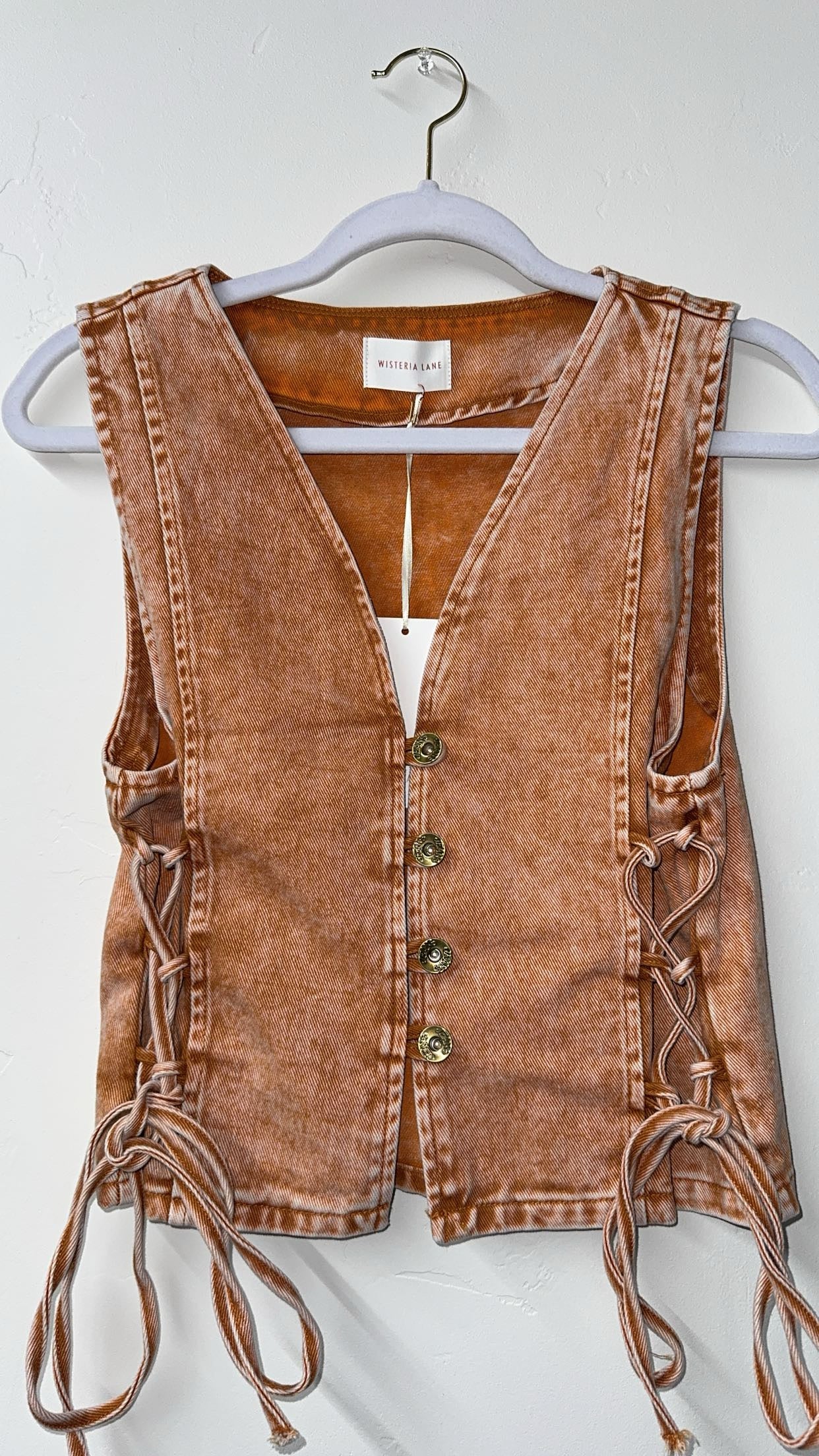 Wisteria Lane Denim Burnt Orange Vest with lace up sides
