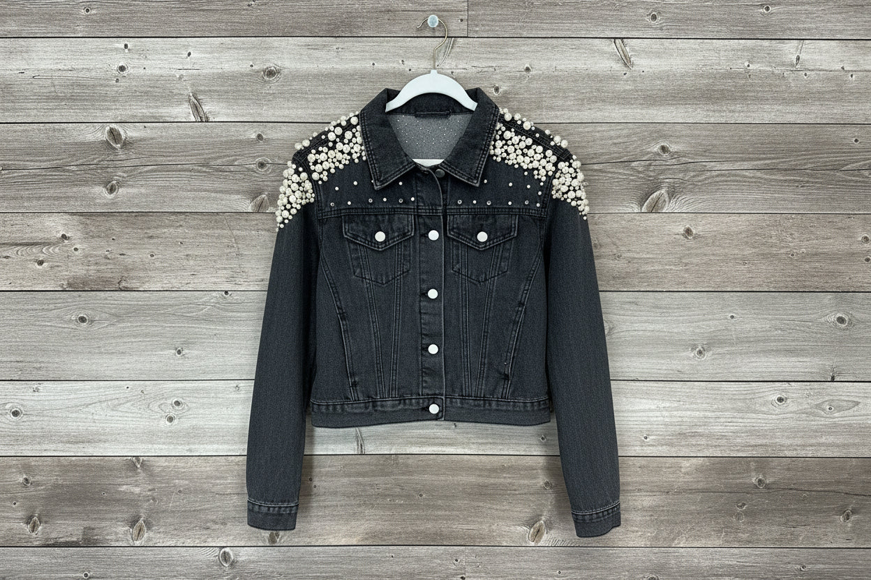 BLACK LONG SLEEVE BUTTON UP PEARL DETAIL DENIM JACKET