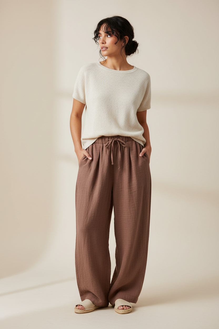 Double Zero Casual Tan Rayon Pull On Wide-Leg Pants (Honey Brown)