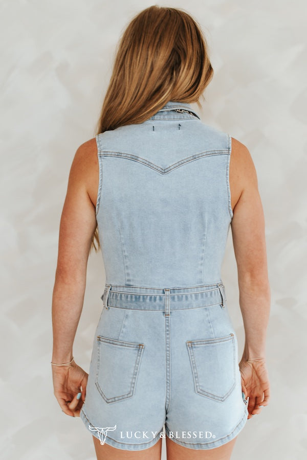 Light Wash Stretch Denim Western Vintage Buckle Romper