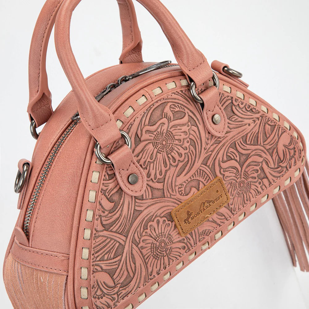 Floral Fringe Dome Satchel Bag - Dark Pink
