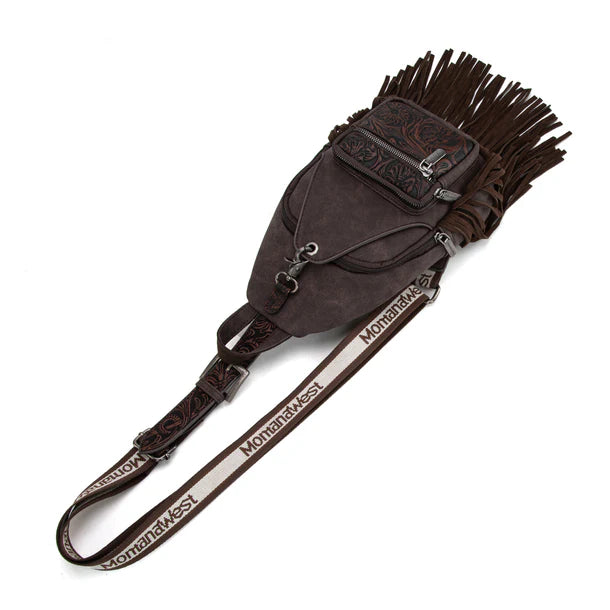 MW1276-S9110 Montana West Tooled Fringe Sling Bag - Coffee