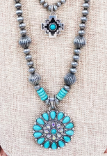 Turquoise Bloomfire Mesa Layered Silver Pearl Necklace
