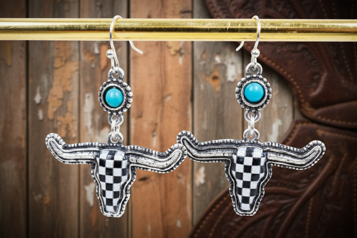 Wild Check Steer Silvertone Earrings
