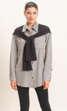 Striped Button-Up Shirt with Faux Tie HF26E754