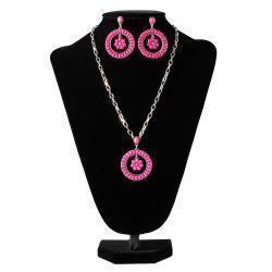 Silver Strike Ladies Earrings and Necklace Set Beaded Circle Hot Pink