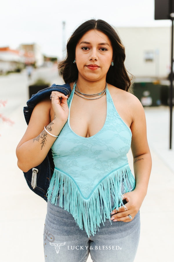 Mint Lace Fringe Hem Halter Top