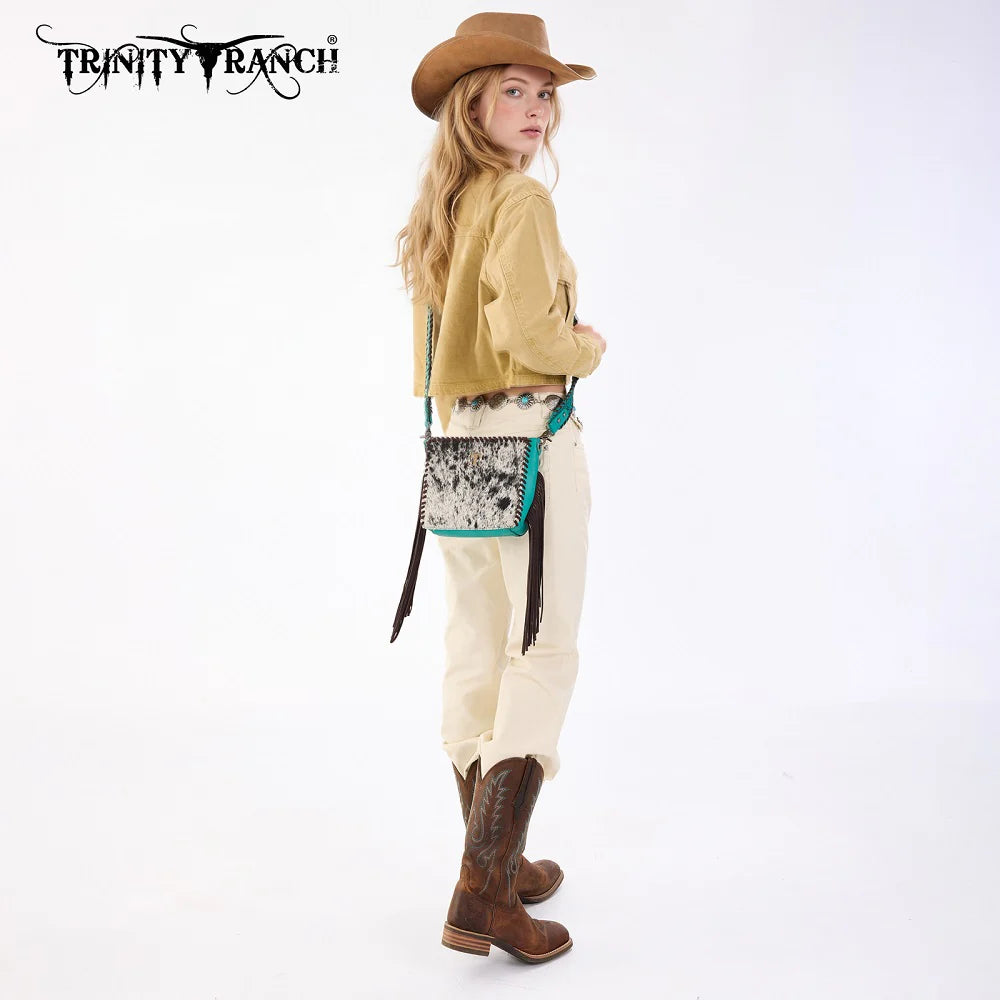Trinity Ranch Cowhide Fringe Crossbody Bag - Turquoise