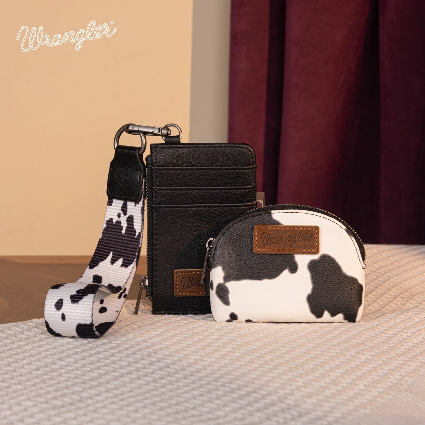 Wrangler Cow Print Dual Pouch Wristlet -Black