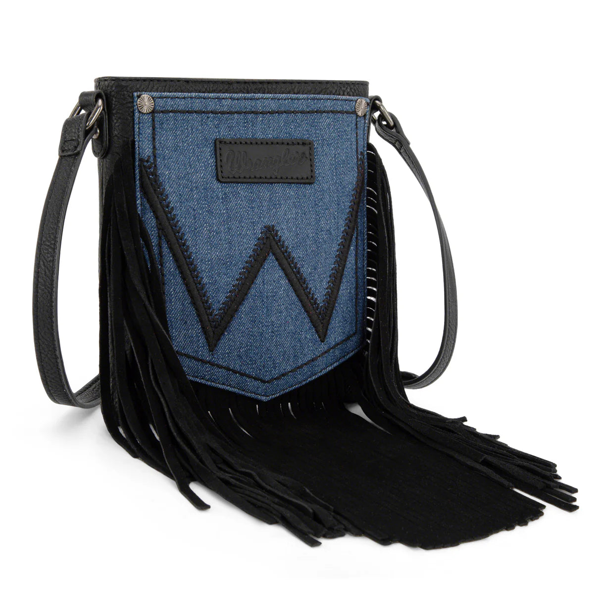 WG367-8360 Wrangler Leather Fringe Jean Denim Pocket Crossbody - Black