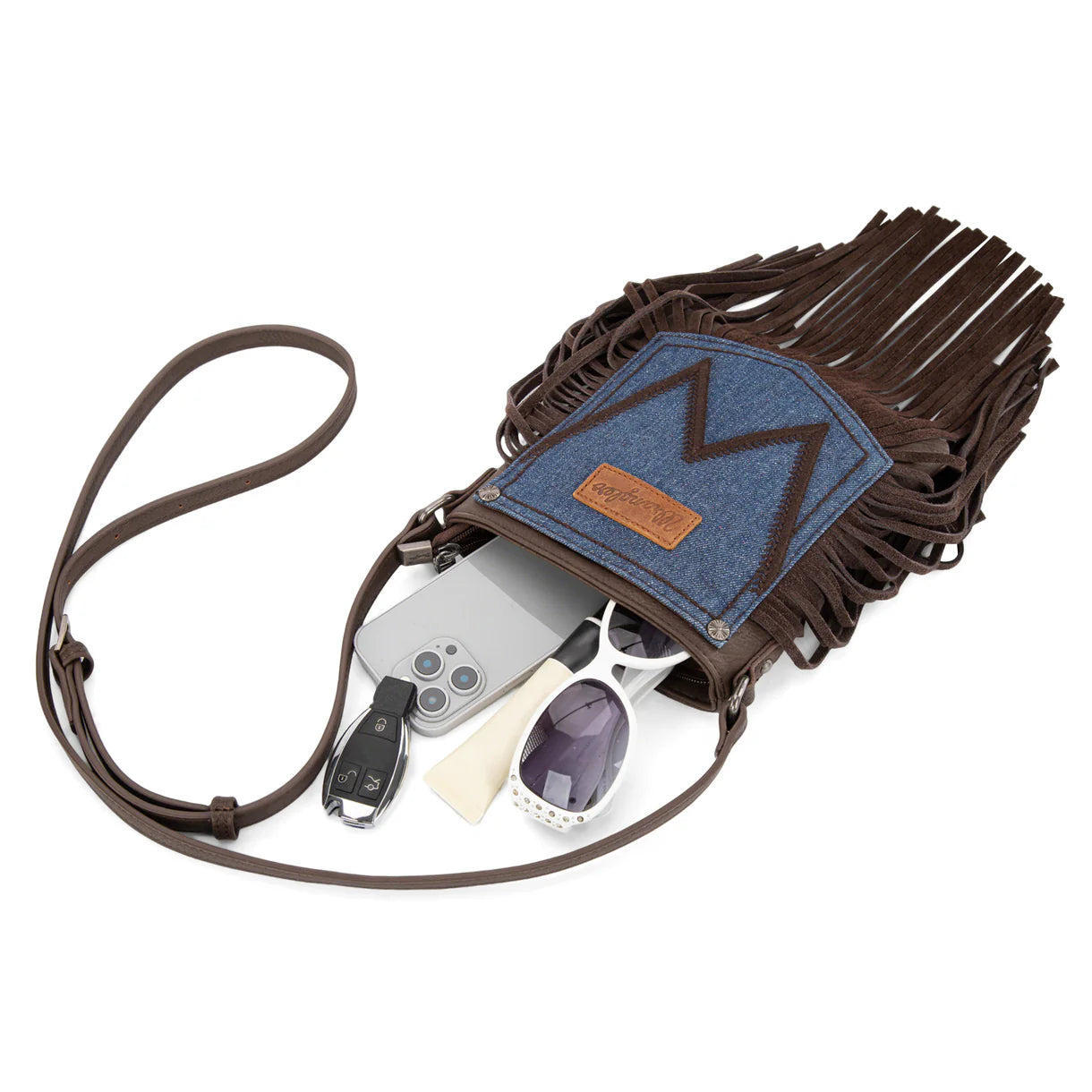 WG367-8360 Wrangler Leather Fringe Jean Denim Pocket Crossbody - Coffee