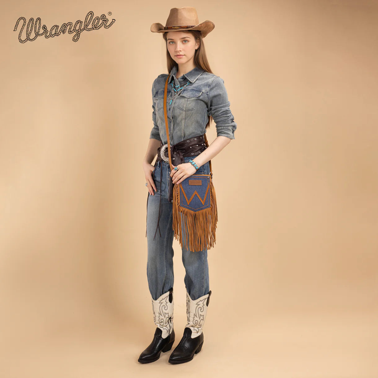 WG367-8360 Wrangler Leather Fringe Jean Denim Pocket Crossbody - Light Brown