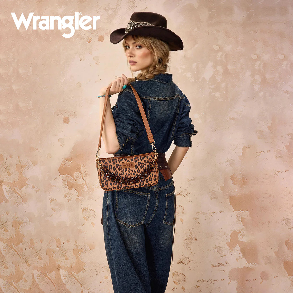 Wrangler Western Leopard Print Shoulder Bag with Chain Detail - Brown